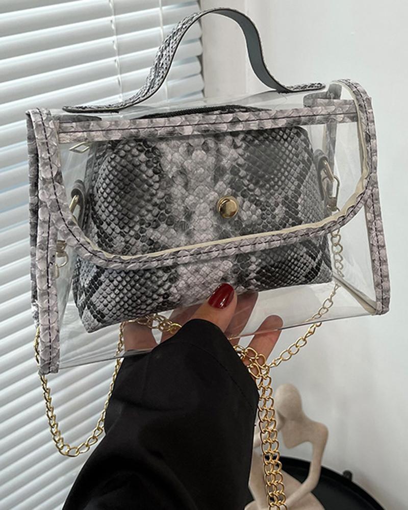 

Snakeskin Clear Crossbody Bag With Inner Pouch, Silver