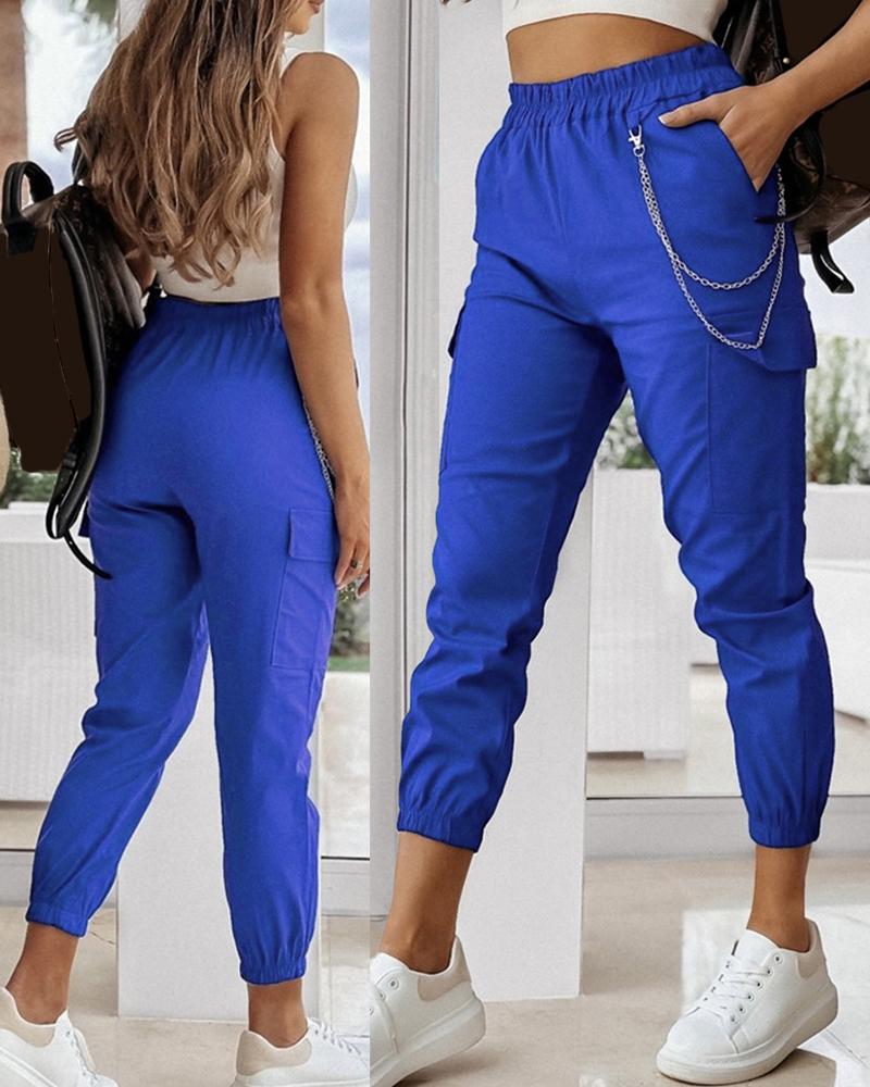 

Chain Decor Cuffed Casual Pants, Blue