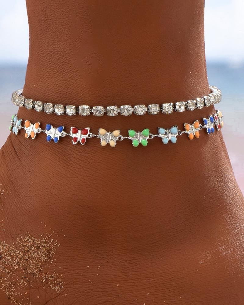 

2pcs Butterfly Faux Zircon Beaded Anklets Set, Multicolor