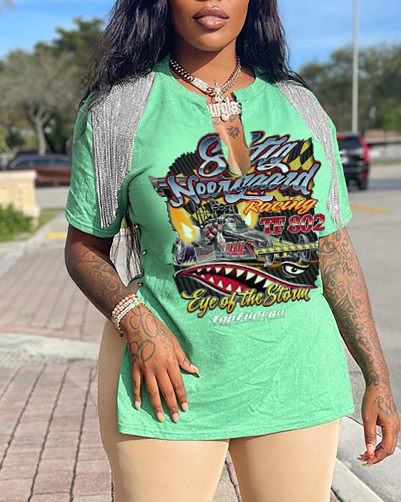 

Graphic Print Tassel Design Slit T-shirt, Green