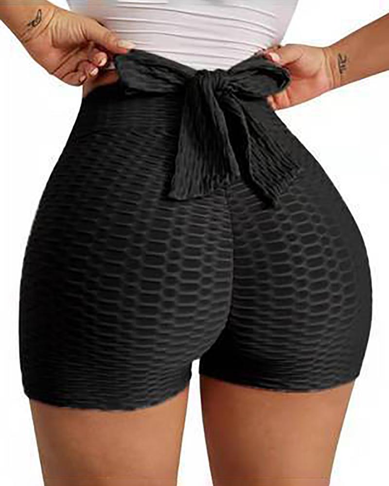 

Butt Lifting Bowknot Decor Bubble Textured Yoga Shorts, Black