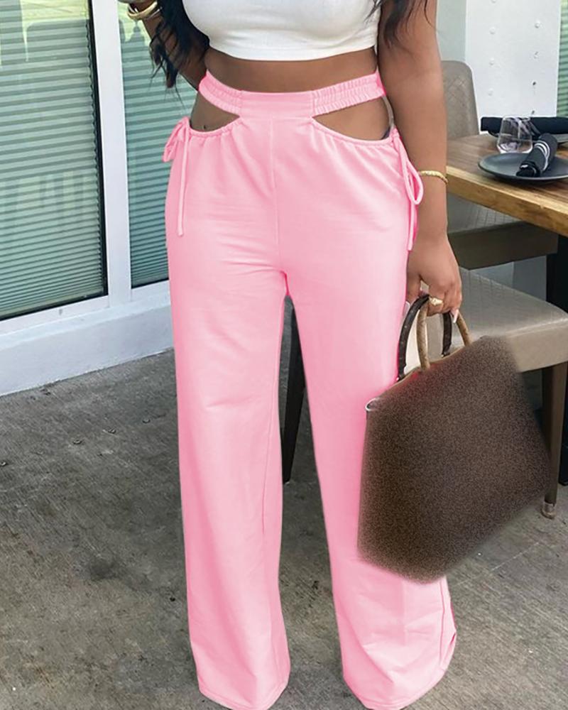 

Cutout Shirring Waist Tied Detail Wide Leg Pants, Pink
