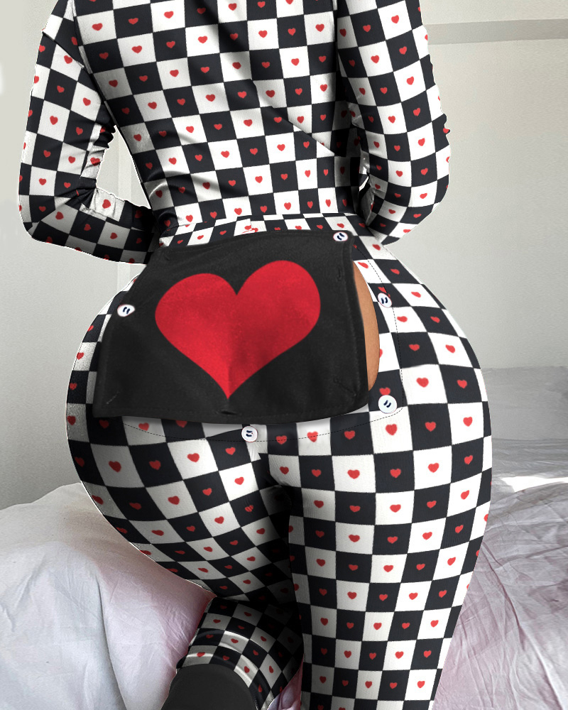 

Heart Checker Print Functional Buttoned Flap Adult Onesie, Blackwhite