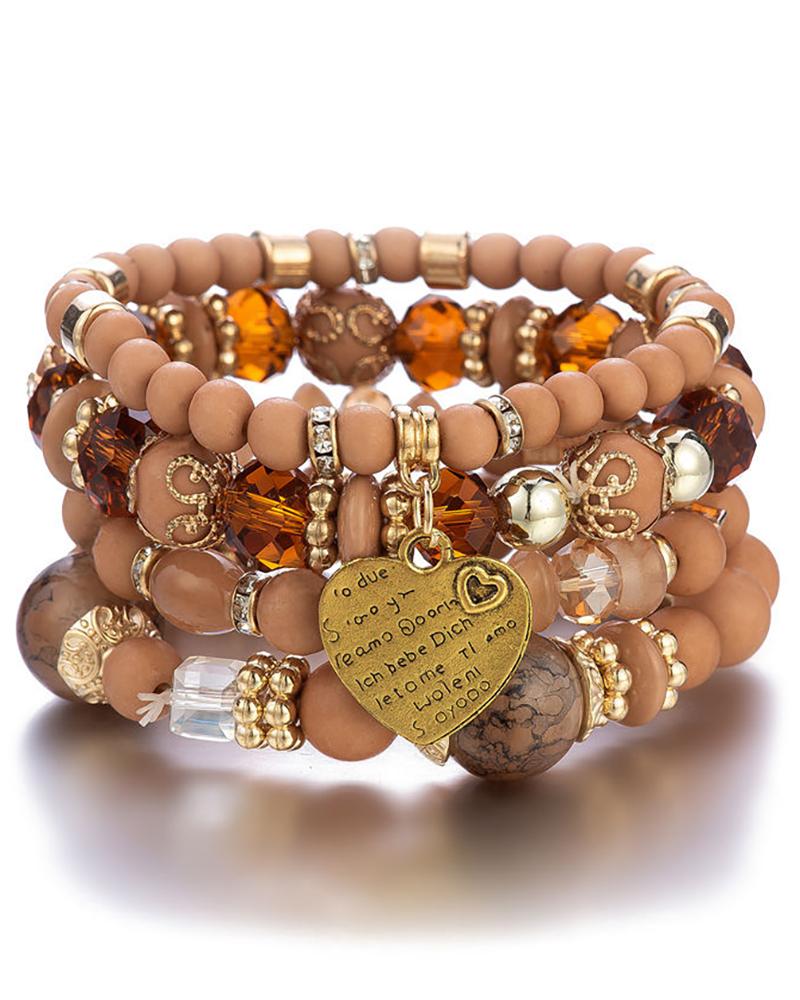 

Heart Pattern Stacking Elastic Beaded Multi-layer Bohemian Bracelet, Coffee