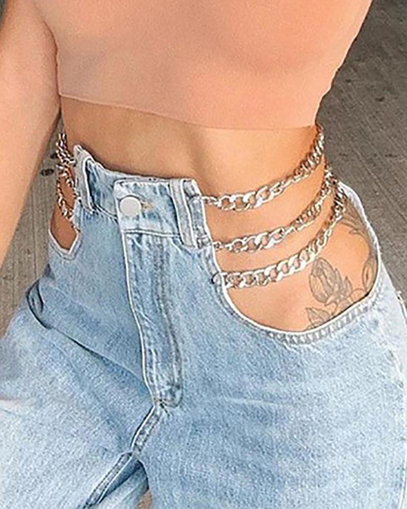 

High Waist Cutout Chain Design Jeans, Blue