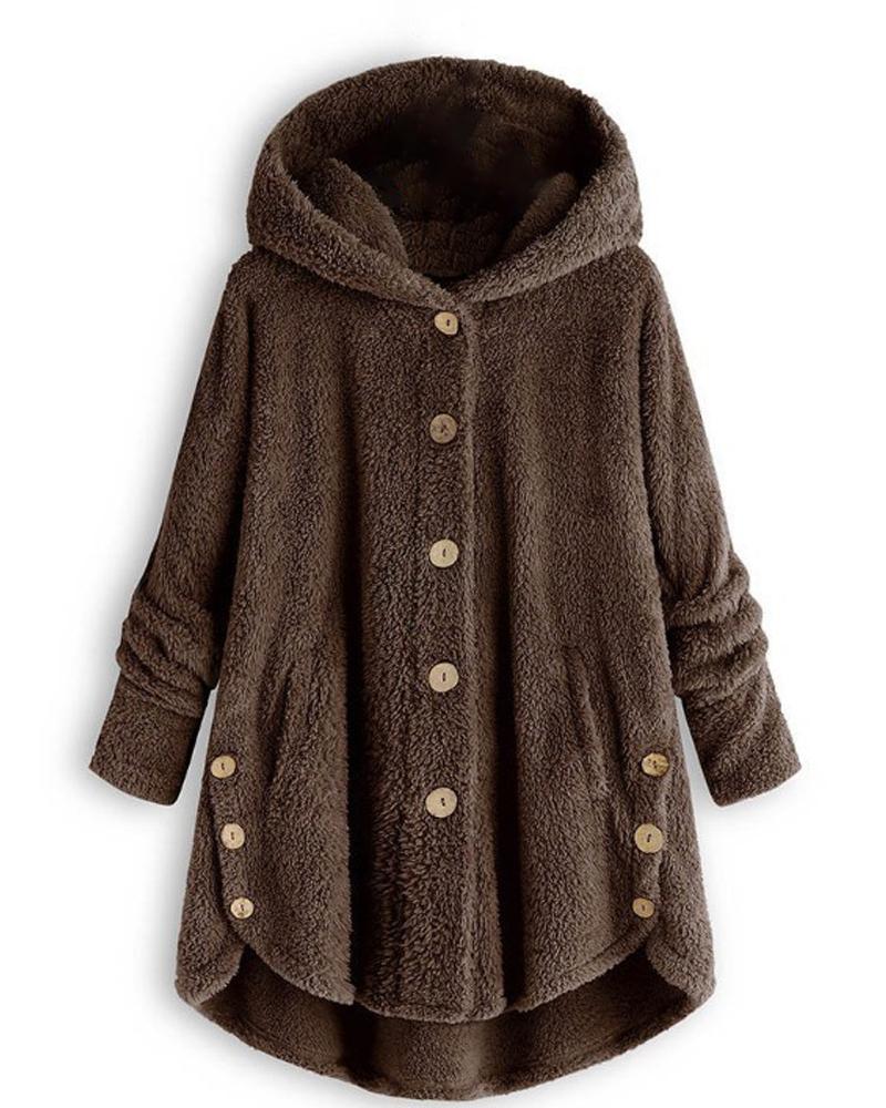 

Long Sleeve Button Design Hooded Teddy Coat, Coffee