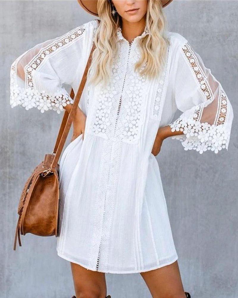 

Bell Sleeve Crochet Lace Buttoned Shirt Dress, White