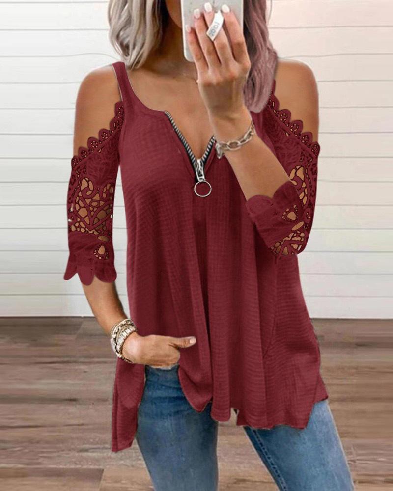 

Cold Sleeve Zipper Front Lace Trim Top, Red