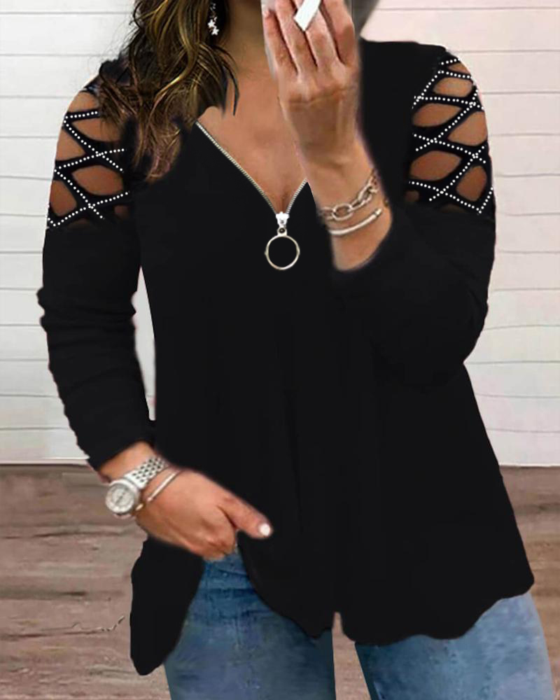 

Plus Size Zip Front Rhinestone Cold Shoulder Top, Black