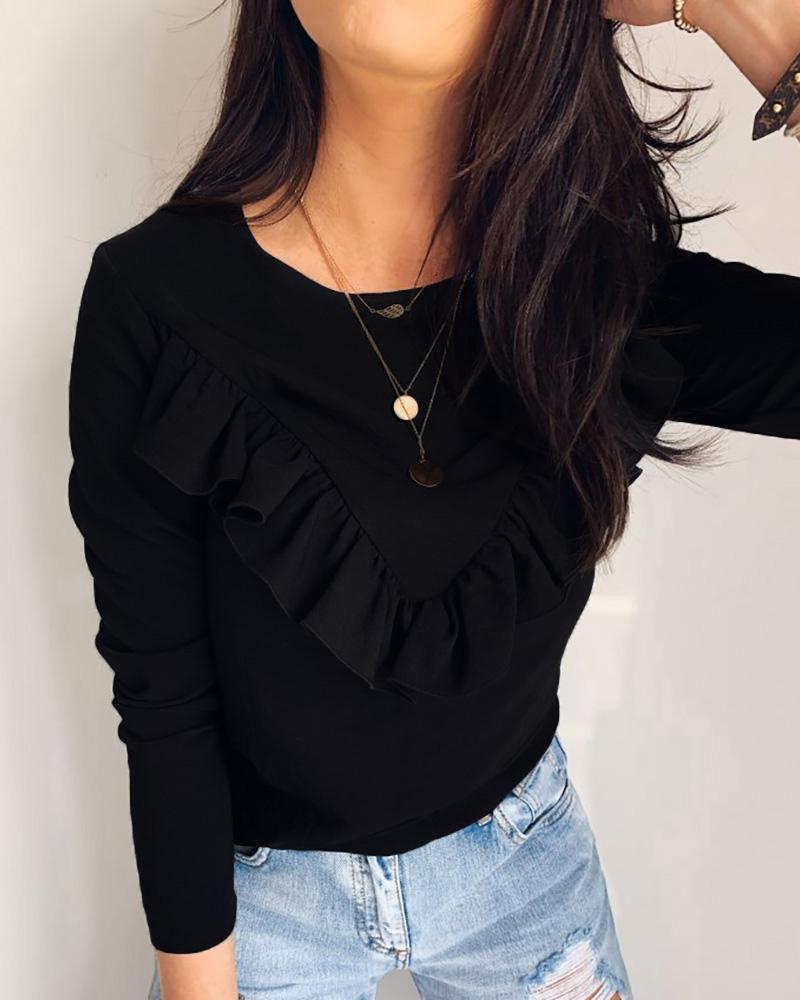 

Ruffles Design Round Neck Long Sleeve Blouse, Black