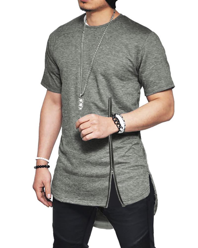

Men Zipper Design Dip Hem Short Sleeve T-shirt, Gray
