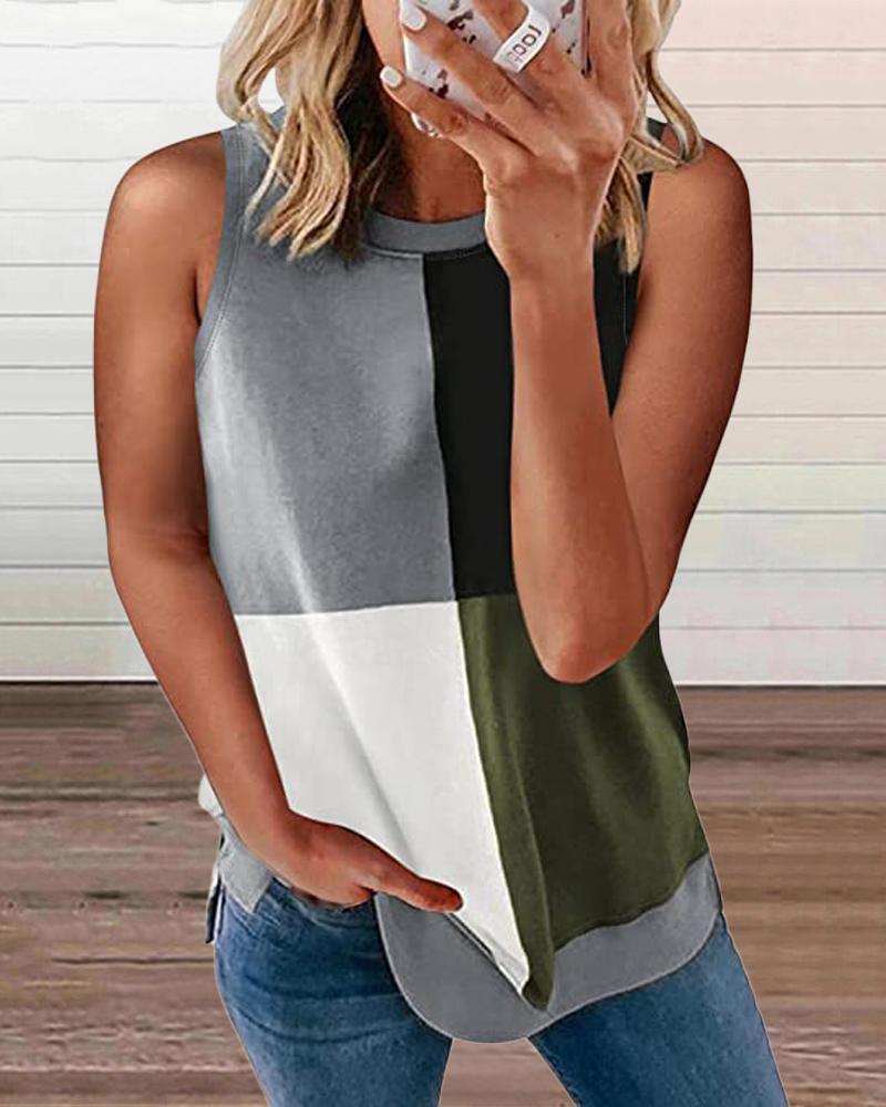 

Colorblock Round Neck Casual Tank Top, Green