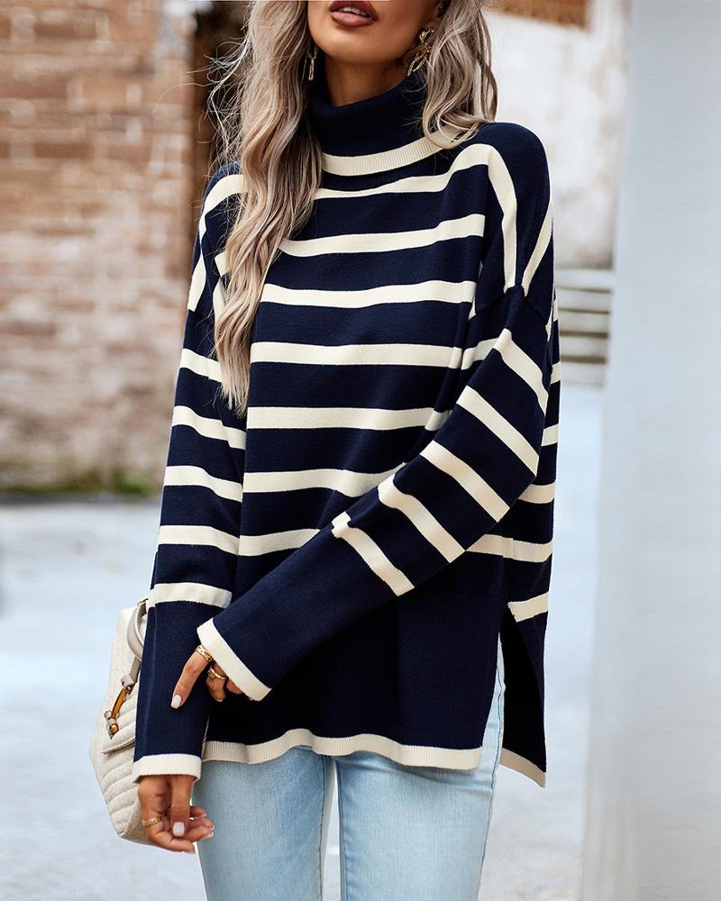 

Striped High Neck Side Slit Knit Sweater, Purplish blue