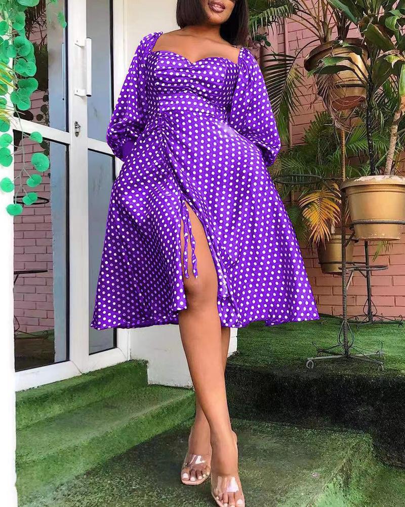 

Polka Dot Print Drawstring Ruched Slit Dress, Purple