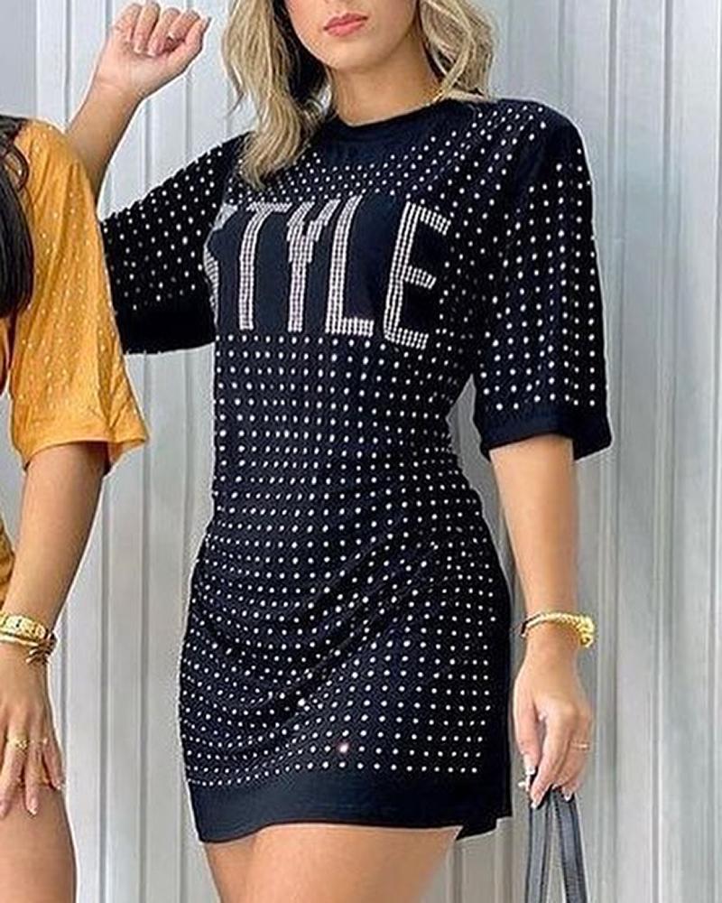 

Short Sleeve Letter Rhinestone T-shirt Dress, Black