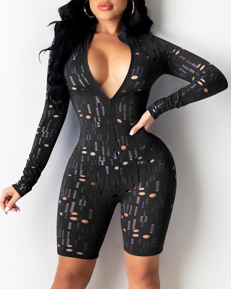 

Hollow Out Plunge Long Sleeve Zipper Design Romper, Black