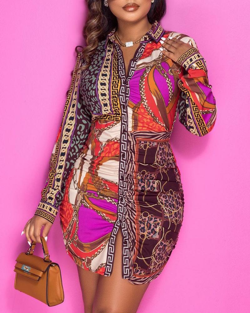 

Scarf Leopard Print Long Sleeve Shirt Dress, Multicolor