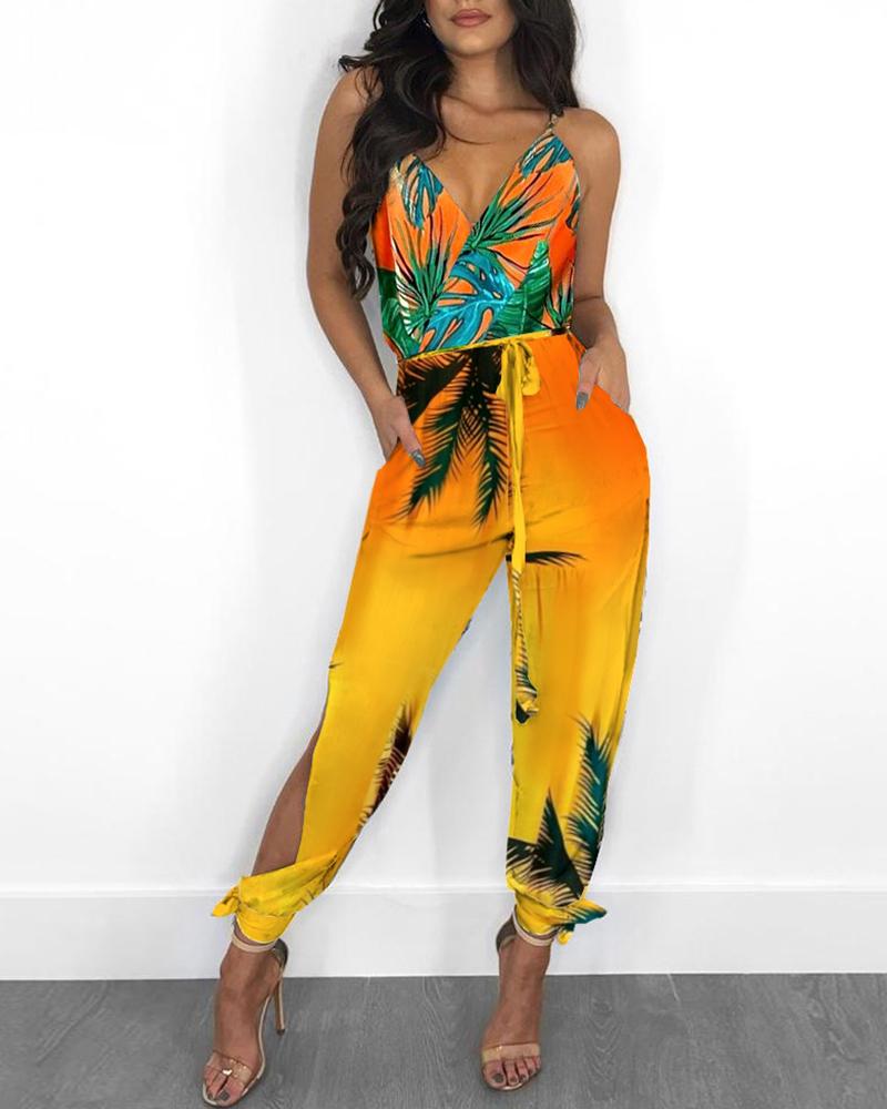 

Tropical Print Pocket Design Slit Leg Jumpsuit, Orange