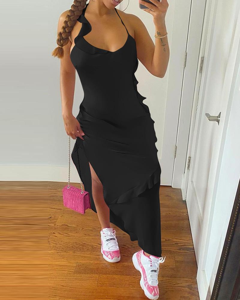 

Halter Ruffle Hem High Slit Maxi Dress, Black