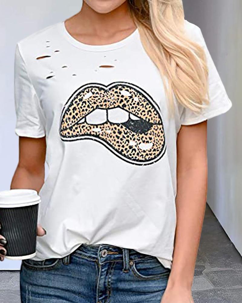 

Short Sleeve Lip Leopard Print T-shirt, White