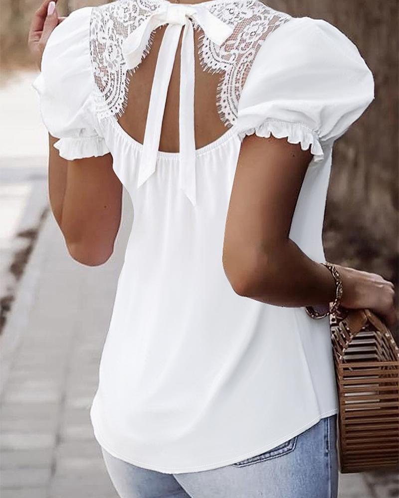 

Puff Sleeve Eyelash Lace Patch Top, White