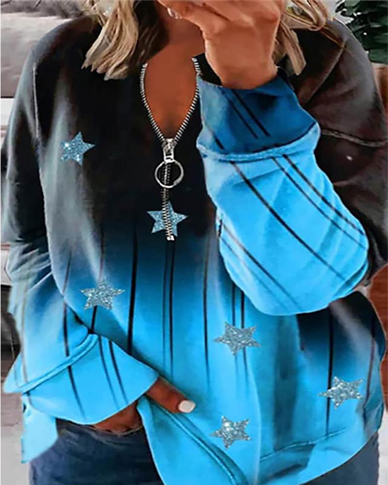 

Plus Size Star Print Ombre Zip Detail Long Sleeve Top, Blue