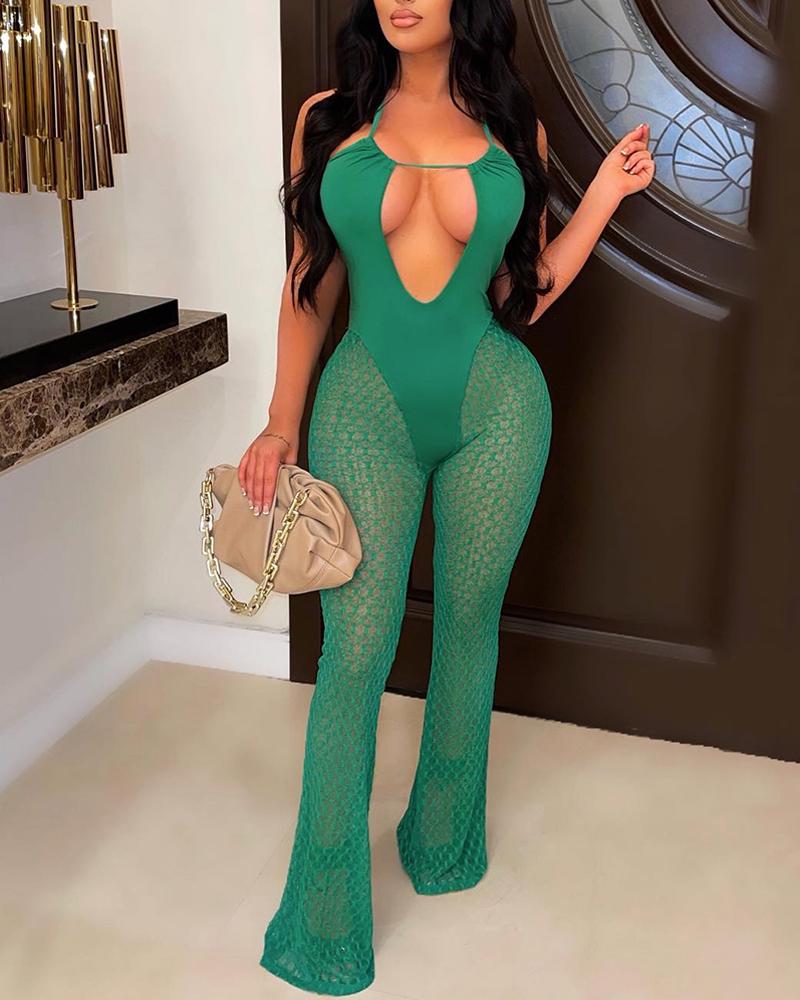

Halter Tied Detail Mesh Patch Cutout Jumpsuit, Green