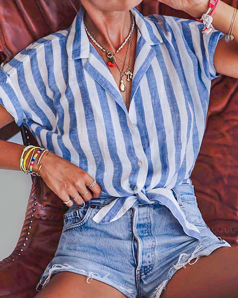 

Striped Short Sleeve Knotted Casual Shirt, Lighted blue