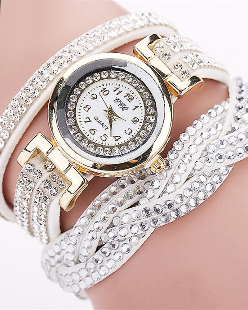 

1pc Allover Rhinestone Braided Bangle Quartz Watch, White