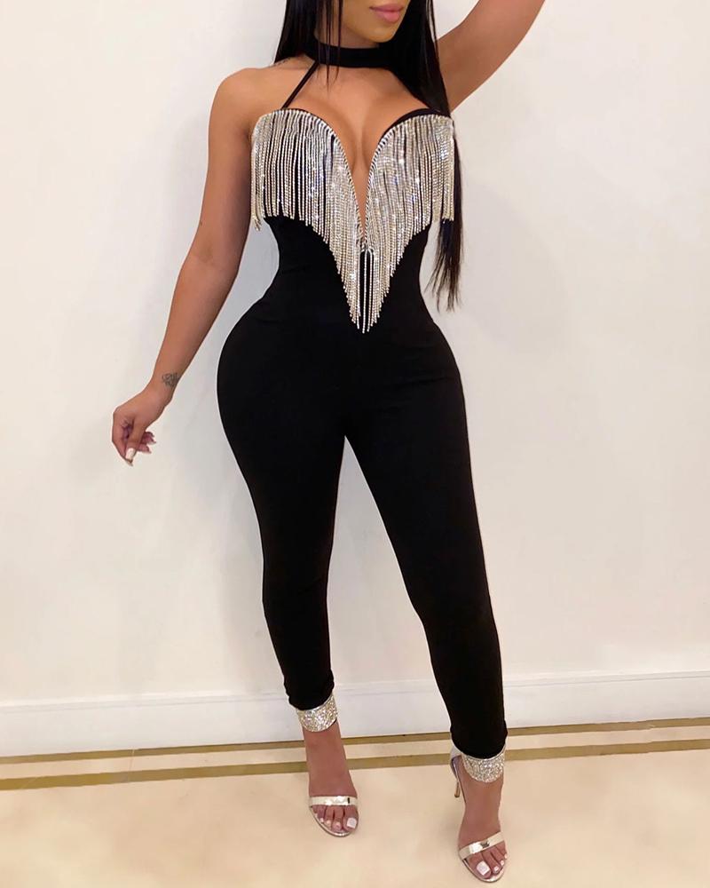 

Halter Plunge Rhinestone Tassel Design Jumpsuit, Black