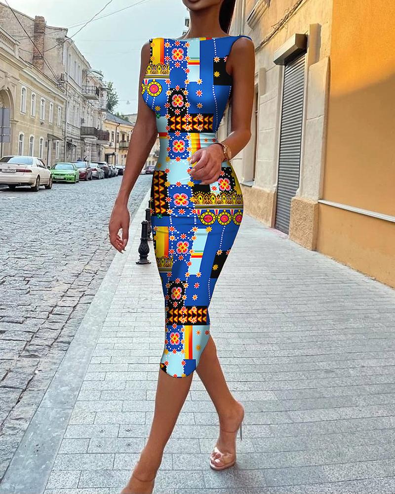 

All Over Print Sleeveless Backless Bodycon Dress, Multicolor