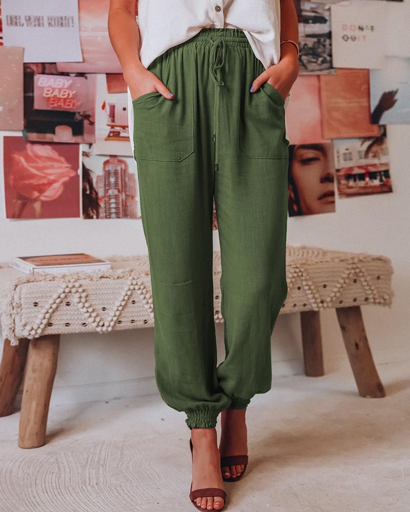 

Drawstring Pocket Design Casual Cuffed Pants, Army green