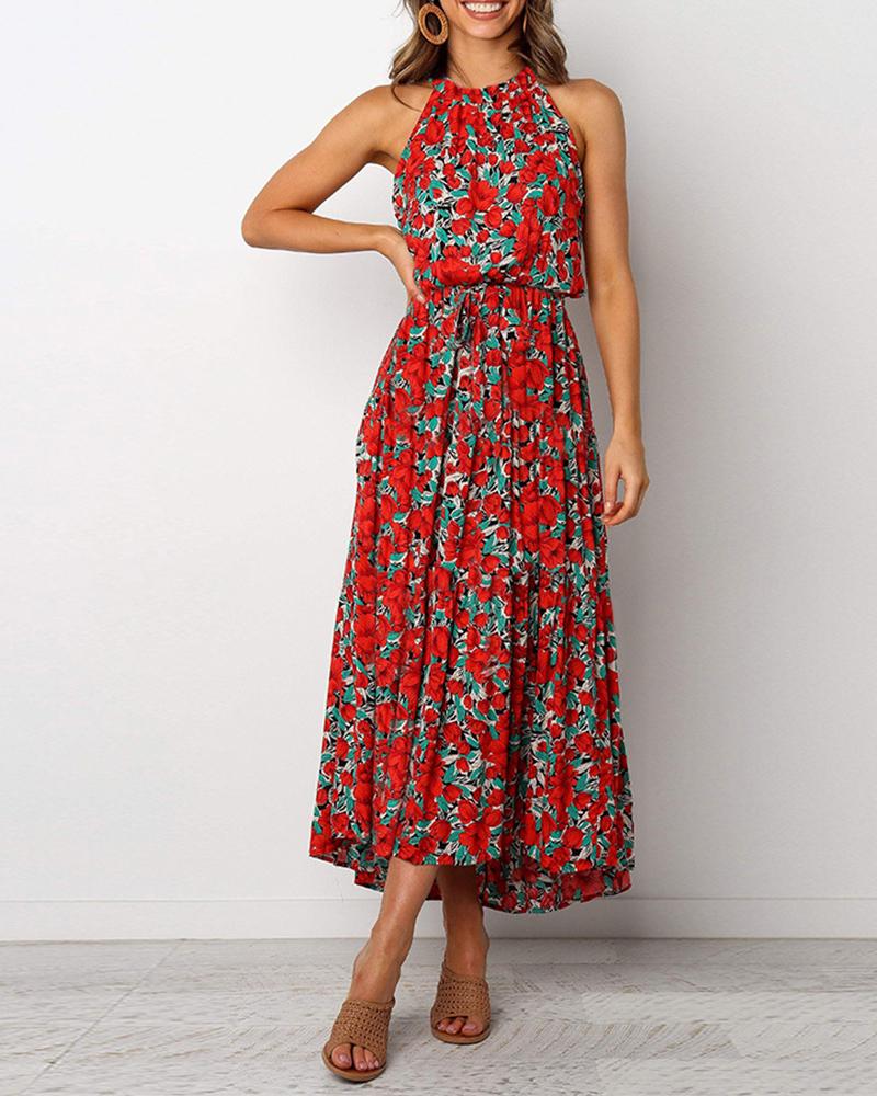 O Neck Sleeveless Floral Print Ruched Maxi Dress