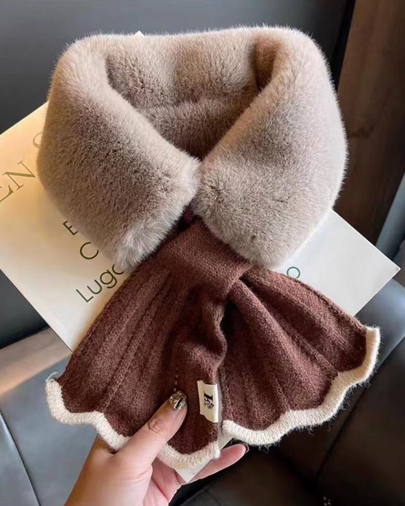 

1pc Colorblock Warm Soft Fuzzy Wrap Around Loophole Scarf, Coffee