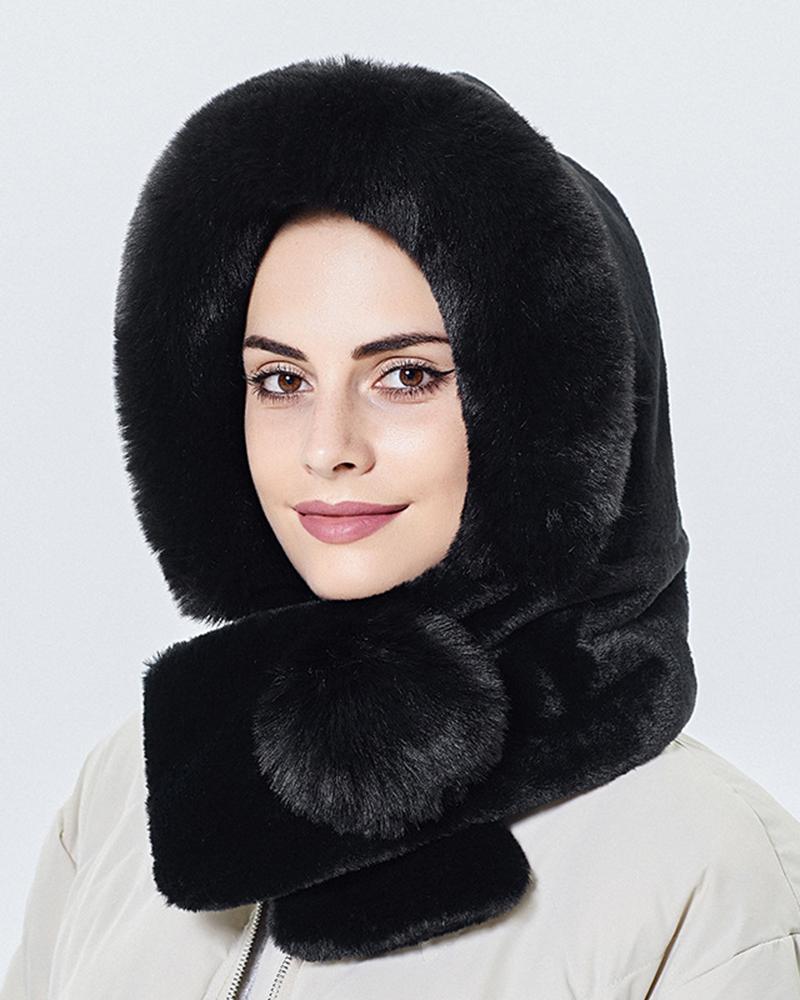 

Fuzzy Faux Fur Windproof Winter Hat Cap With Pom Pom Scarf, Black