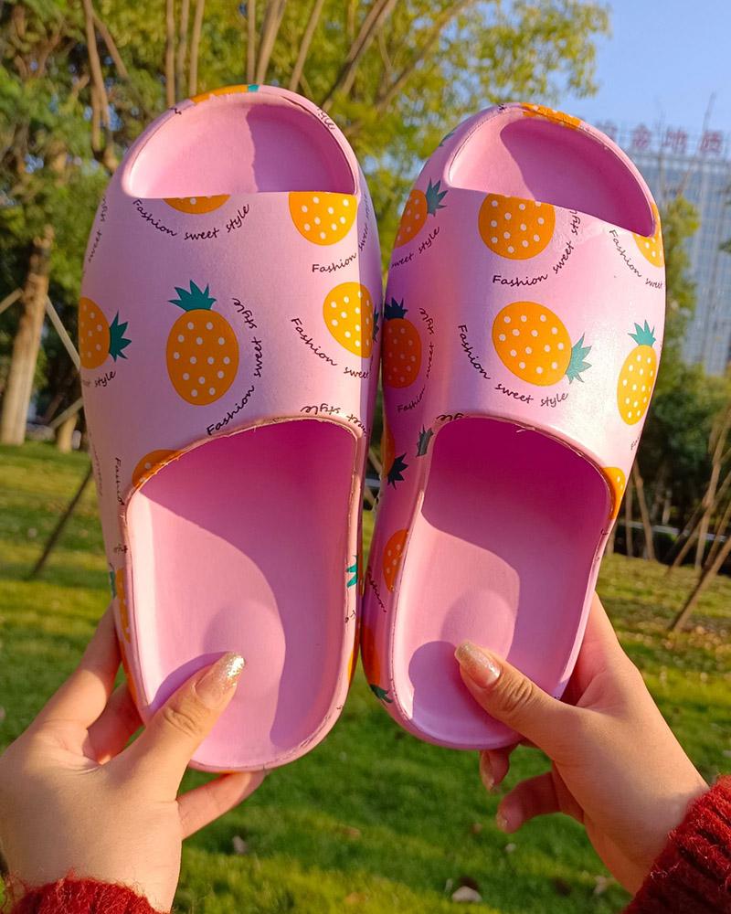 

Pineapple Print Round Toe Non-slip Slippers, Hot pink