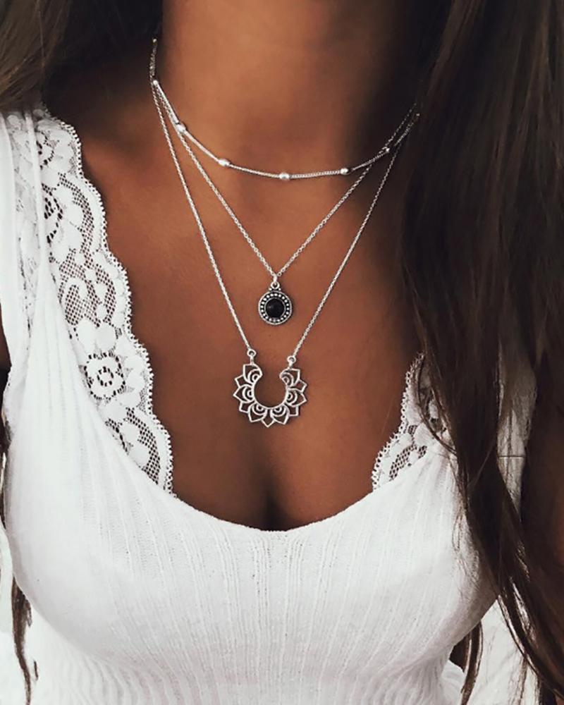 

Boho Floral Pendant Layered Necklace, Silver