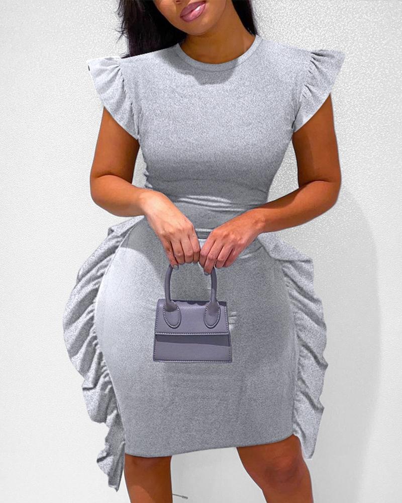 

Flutter Sleeve Ruffle Hem Bodycon Dress, Gray