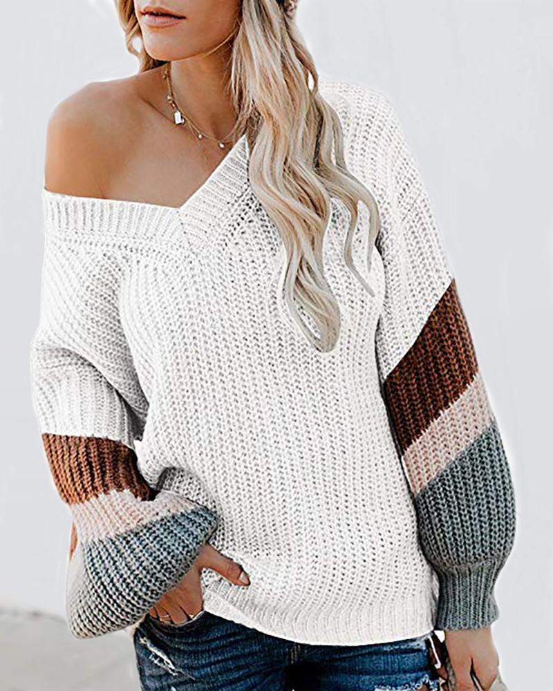 

V Neck Long Striped Sleeve Casual Sweater, White