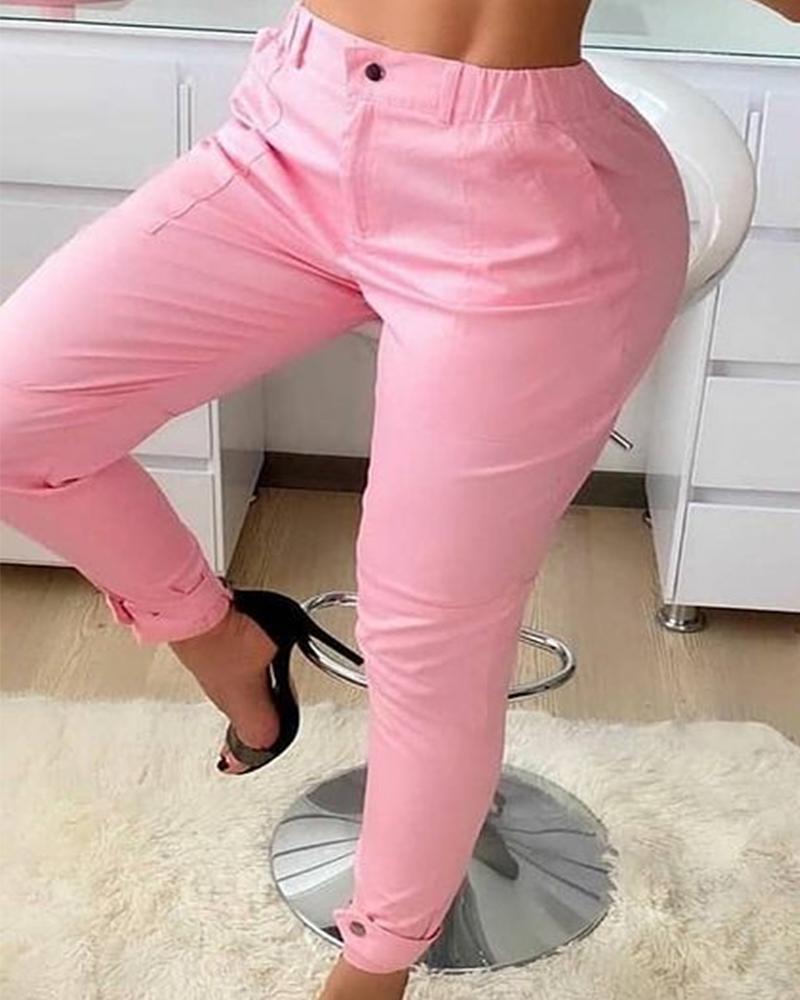 

Plain Bodycon Casual Long Pants, Pink