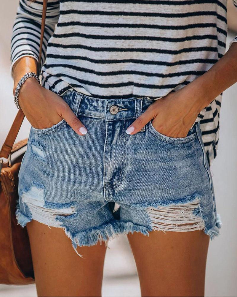 Buy Zipper Fly Ripped Raw Hem Denim Shorts. Picture