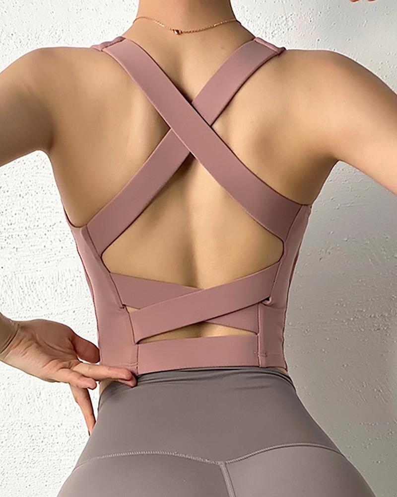 

Strappy Design Plain Skinny Sports Top, Pink