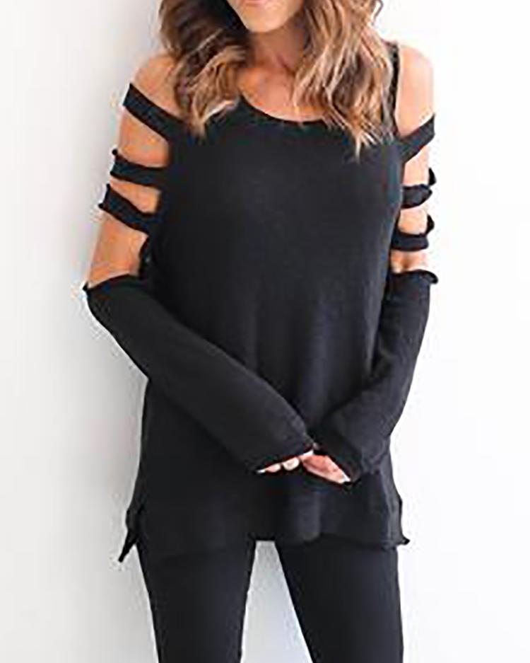 

Ladder Cut Out Sleeve Casual Blouse, Red;pink;gray;blue;white;black