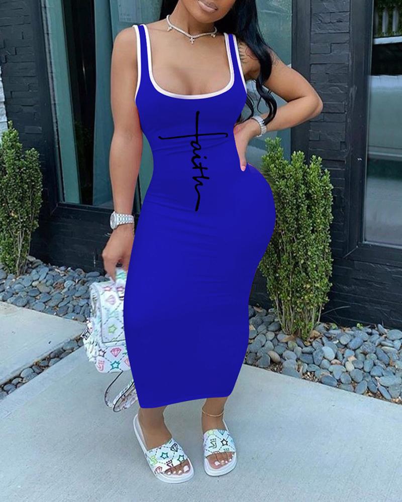 

Letter Print Contrast Binding Casual Tank Dress, Blue