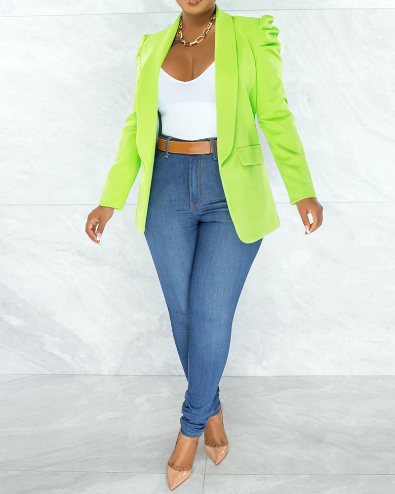 

Shawl Collar Puff Sleeve Pocket Design Blazer Coat, Green