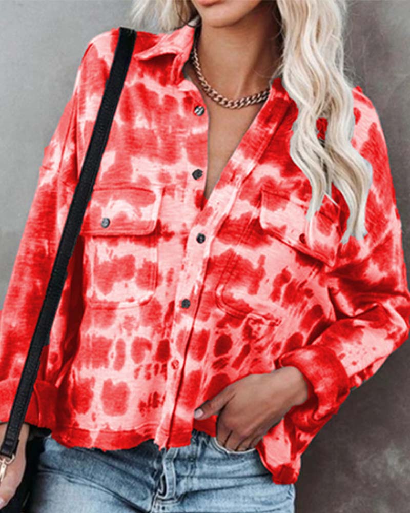 

Tie Dye Flap Detail Drop Shoulder Button Up Shirt, Red