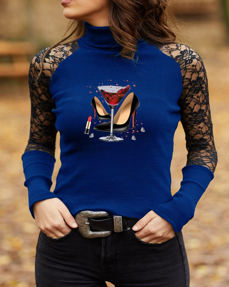 

Graphic Print Contrast Lace Long Sleeve Ribbed Top, Blue