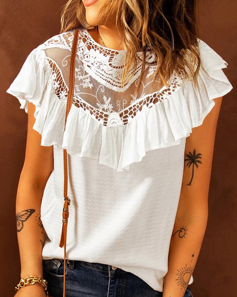 

Lace Patch Ruffle Hem Top, White