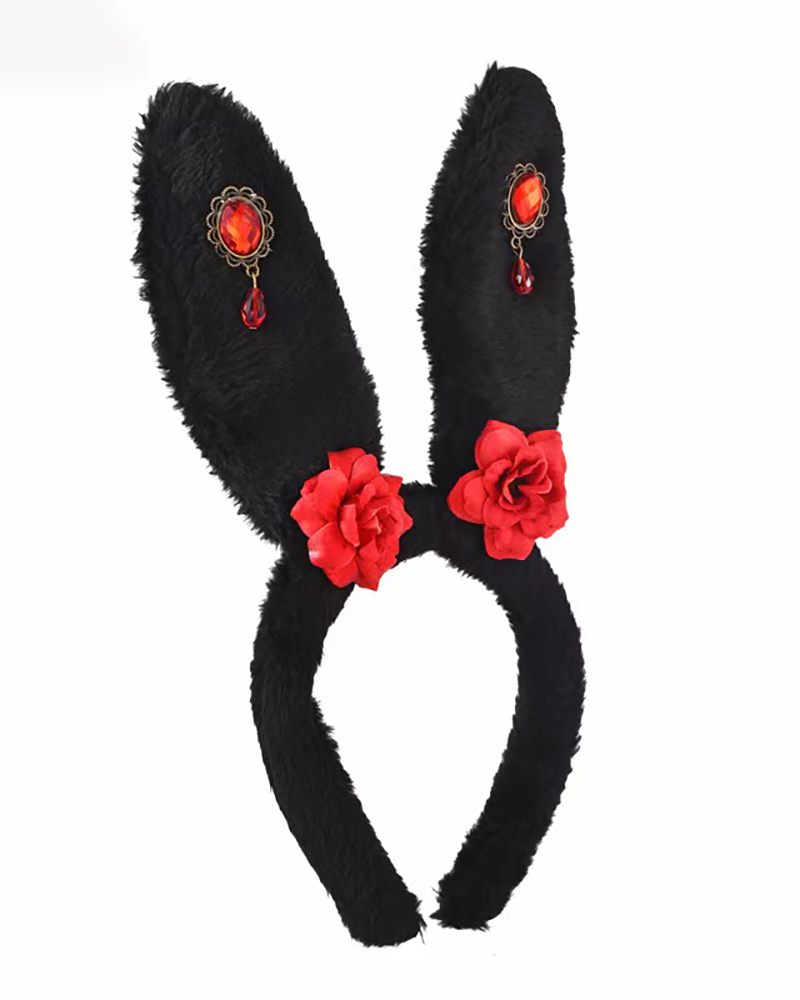 

Bunny Rabbit Costume Ears Headband Rhinestone Floral Decor Halloween Costume Assesories, Black