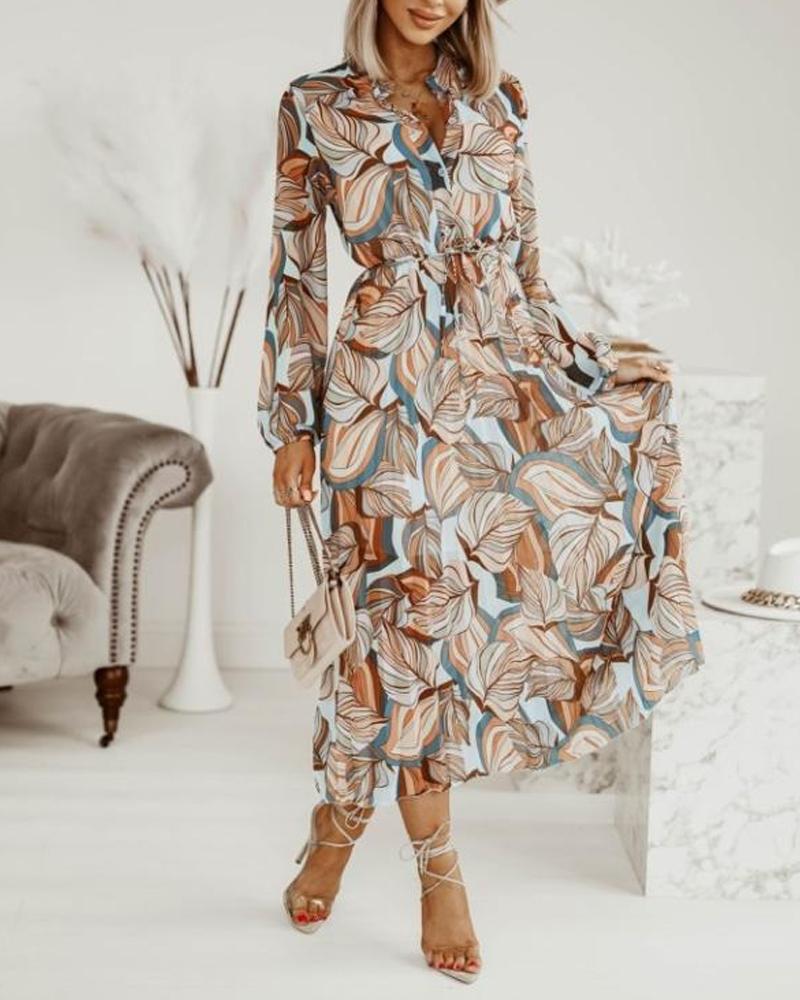 

Plants Print Button Front Pleated Shirt Dress, Apricot